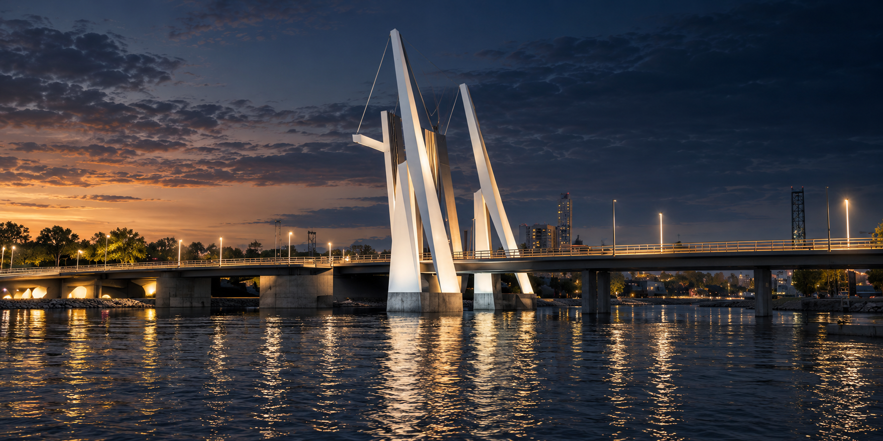 Den öppningsbara klaffbron Fågeln i Norrköping i kvällsljus